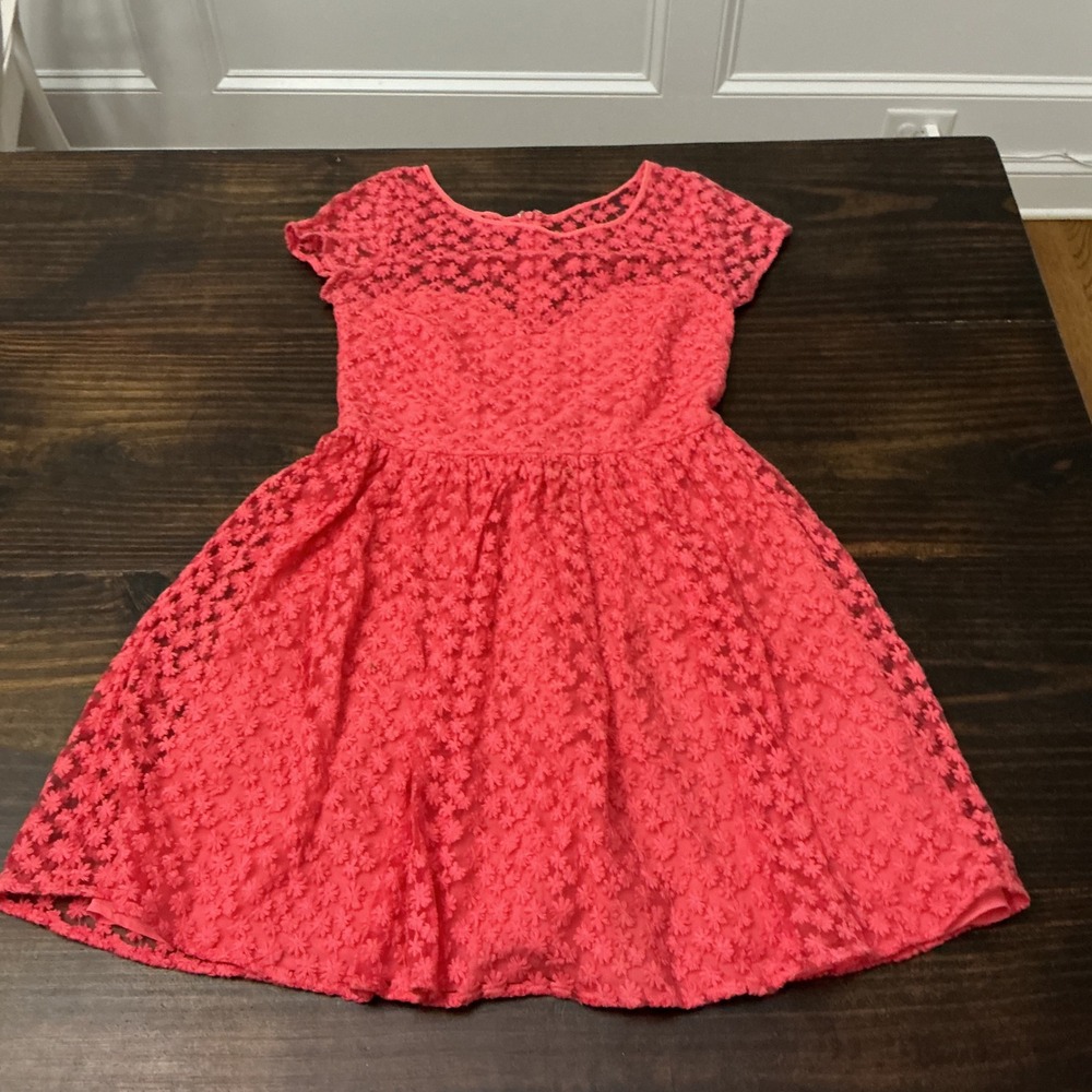 Artelier Nicole Miller Coral Pink Floral Lace Fit & Flare Dress Cap Sleeve 6